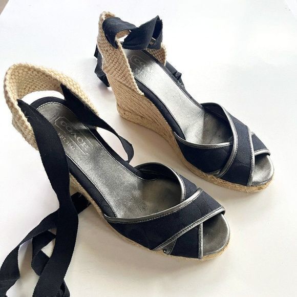 Coach Espadrille Tie Up Wedge Sandals Womens Size 7B Black Sig 12CM MILA‎ Rope - Picture 1 of 7